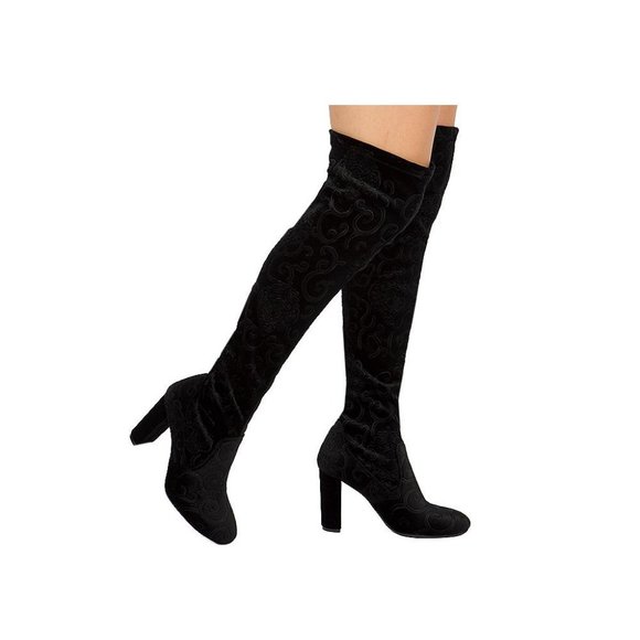 Shoes - Pointy Toe Black Faux Suede Thigh High Over The Knee Block High Heel Boots
